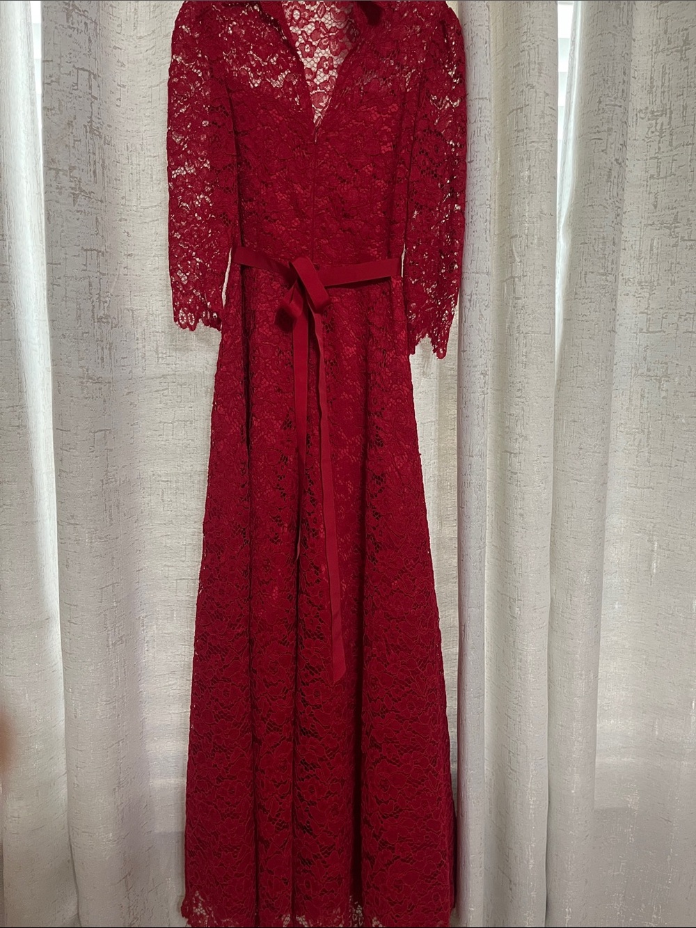 Alex Marie Red Lace Long-Sleeve Maxi Dress with Waist Tie